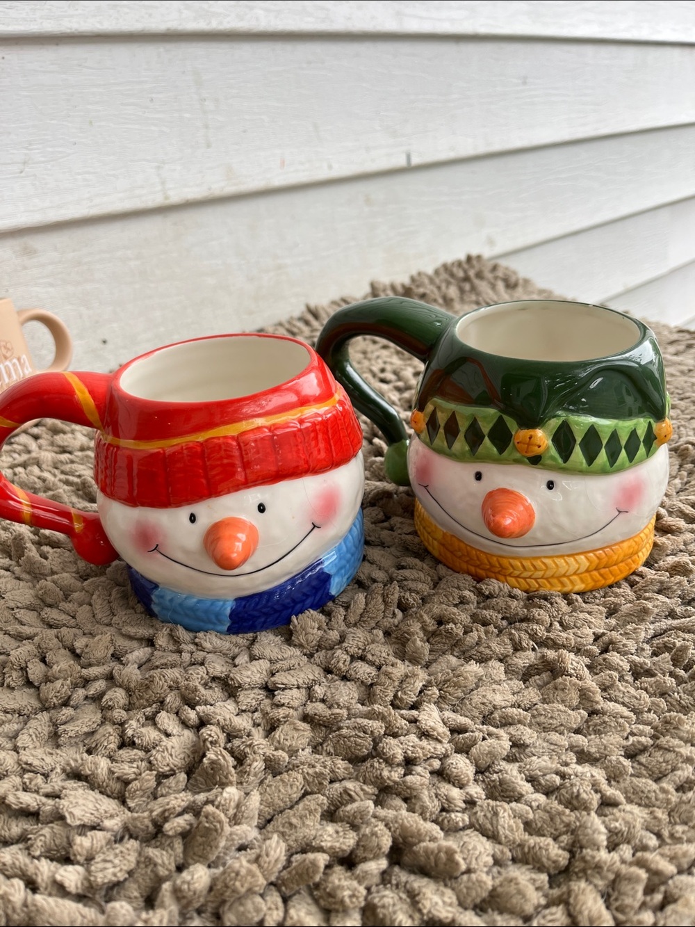 Pair of Festive Snowman Ceramic Mugs - Red & Green